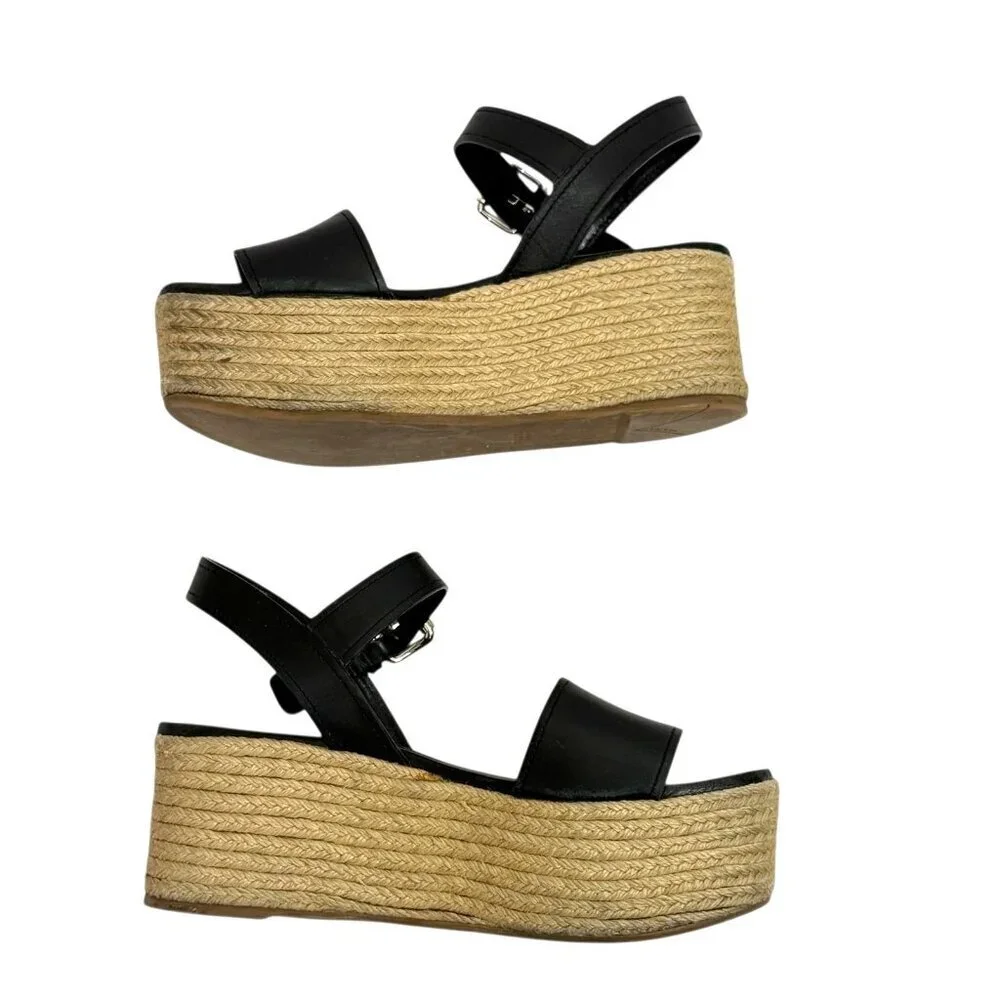 Prada Platform Espadrille Sandals Black Leather Open Toe Size EU 36.5/ US 6.5 - Picture 5 of 16